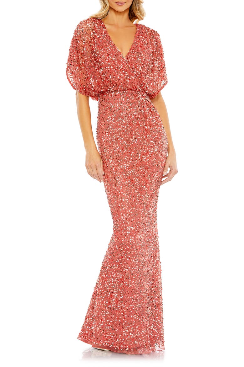 Draped Sleeve Sequin V-Neck Gown, Main, color, PAPRIKA