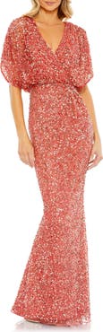 Mac Duggal Draped Sleeve Sequin V-Neck Gown