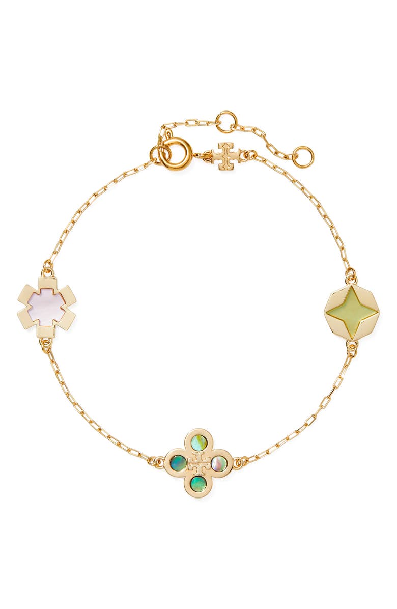 Tory Burch Kira Clover Mother-of-Pearl Charm Bracelet, Main, color, 