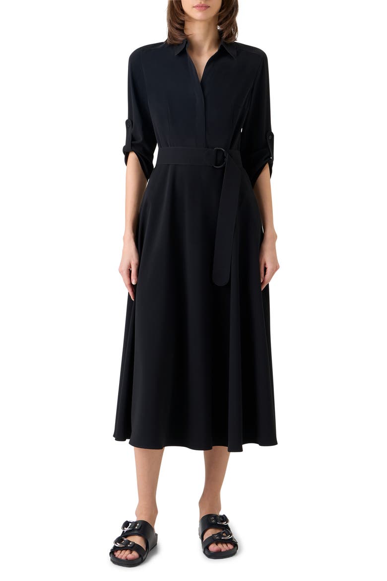 Belted Laser Cut Crepe Midi Shirtdress, Main, color, BLACK