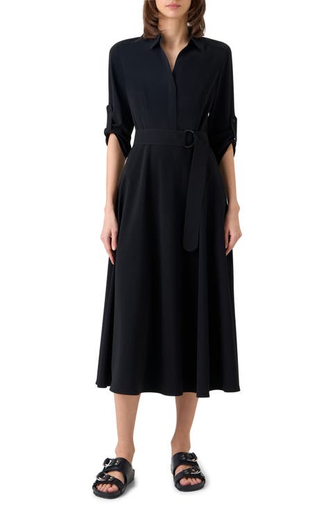 Belted Laser Cut Crepe Midi Shirtdress