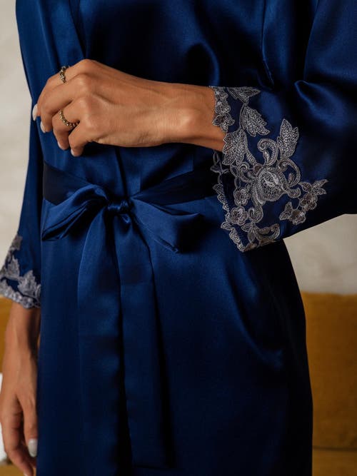 Silksilky Silk Lace Cuffs Robe Wrap Kimono Belted In Blue