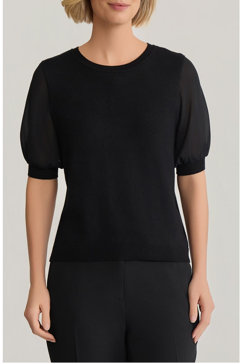 Ruffle Puff Sleeve Chiffon & Jersey Sweater, Main, color, BLACK