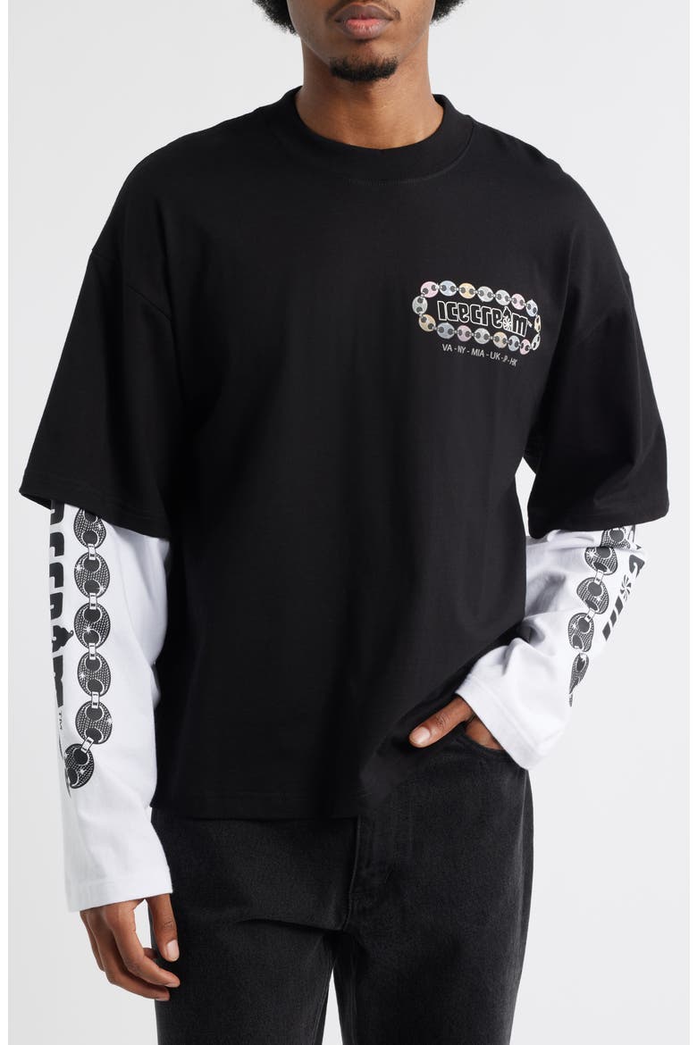 Jupiter Layered Long Sleeve Cotton Graphic T-Shirt, Main, color, BLACK