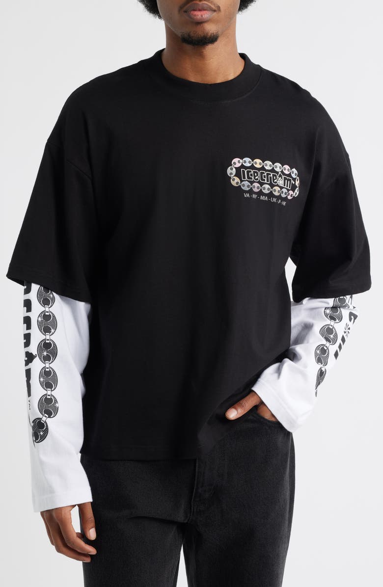 ICECREAM Jupiter Layered Long Sleeve Cotton Graphic T-Shirt, Main, color, Black