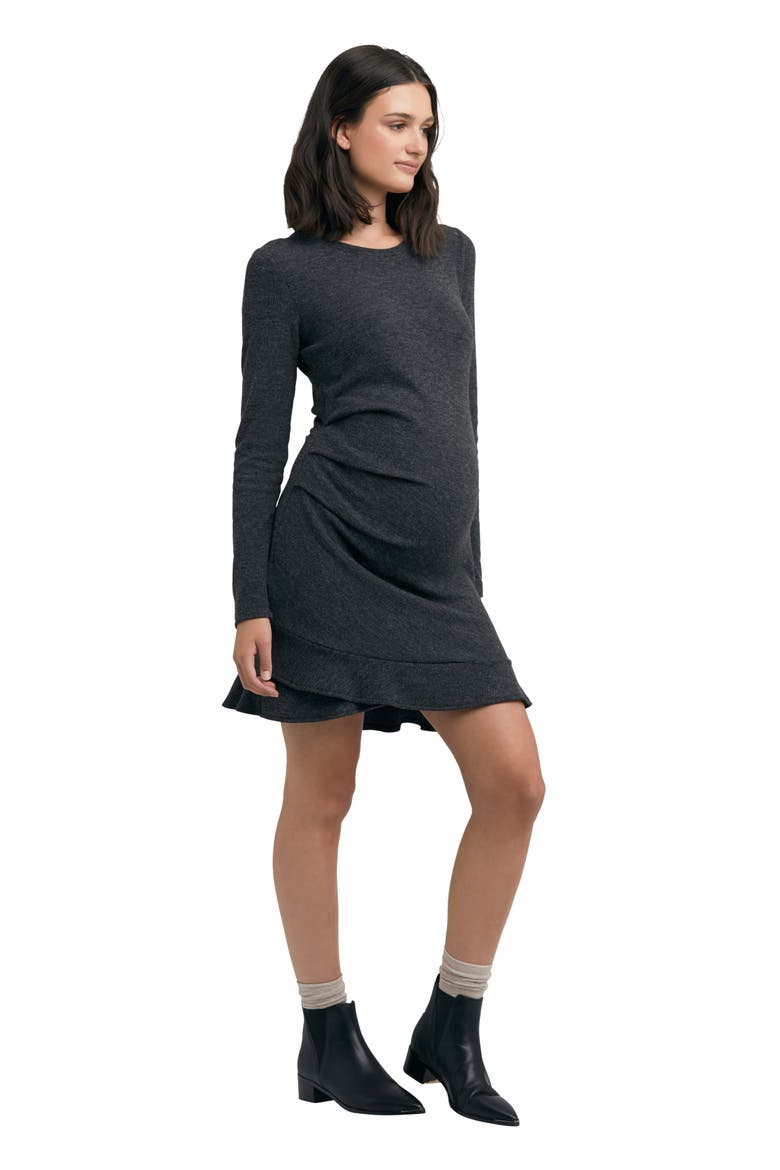 Evie Frill Hem Long Sleeve Rib Maternity Dress, Alternate, color, CHARCOAL