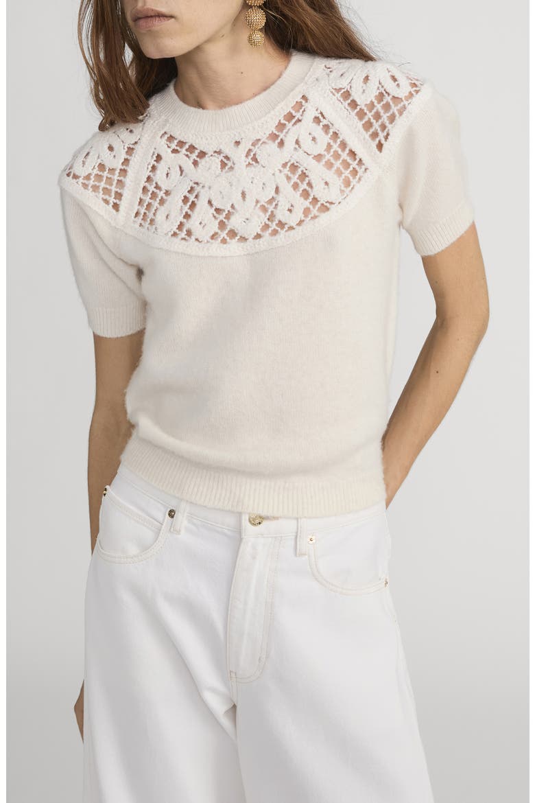 The Lace Gathered Cashmere Short Sleeve Sweater, Main, color, CREAM