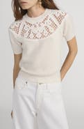 FRAME The Lace Gathered Cashmere Short Sleeve Sweater