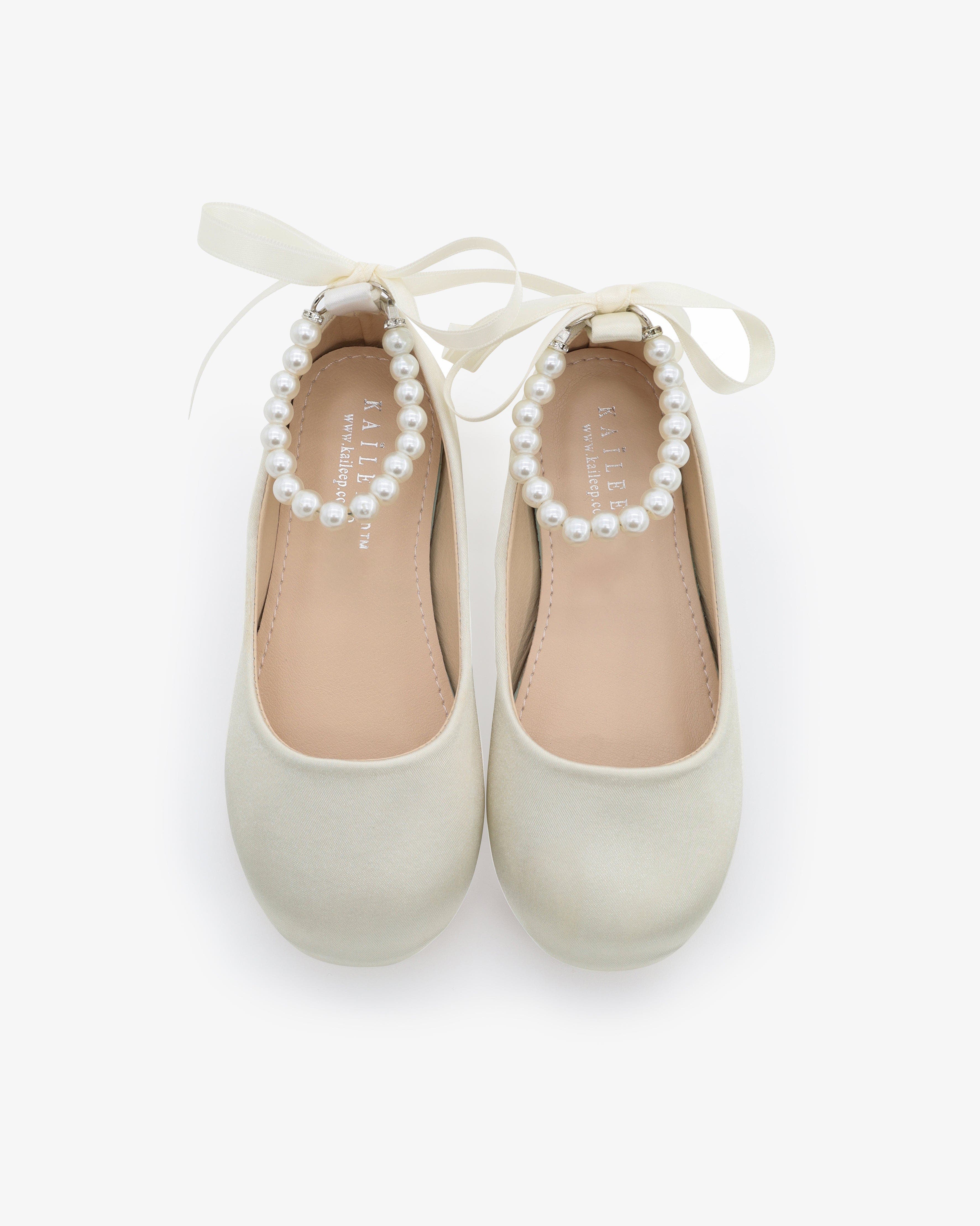 Harper Satin Flower Girl Flats with All Pearls Ankle Strap, Alternate, color, Ivory