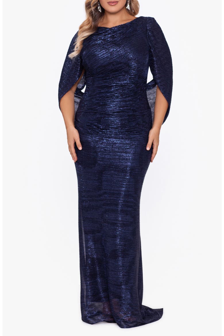 Cape Sleeve Metallic Crinkle Gown, Main, color, NAVY/ ROYAL