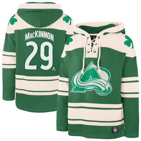 Men's '47 Nathan MacKinnon Kelly Green Colorado Avalanche St. Patrick's Day Player Name & Number Lacer Pullover Hoodie