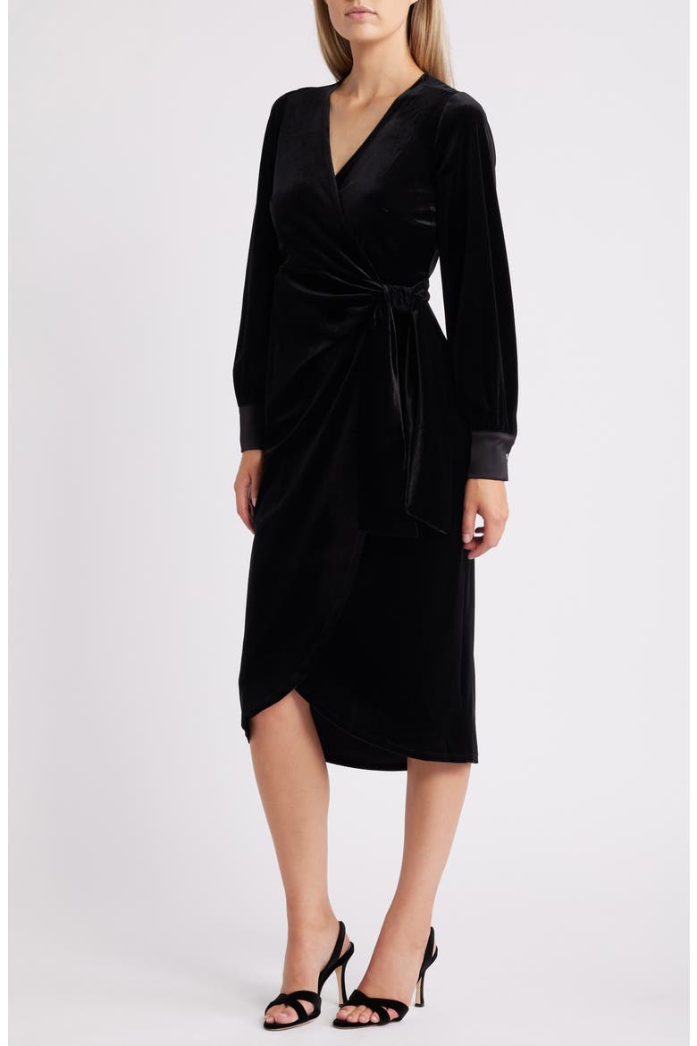 Stretch Velvet Wrap Dress, Main, color, BLACK