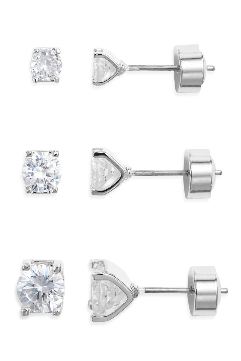 Essential Set of 3 Cubic Zirconia Studs, Main, color, CLEAR- SILVER