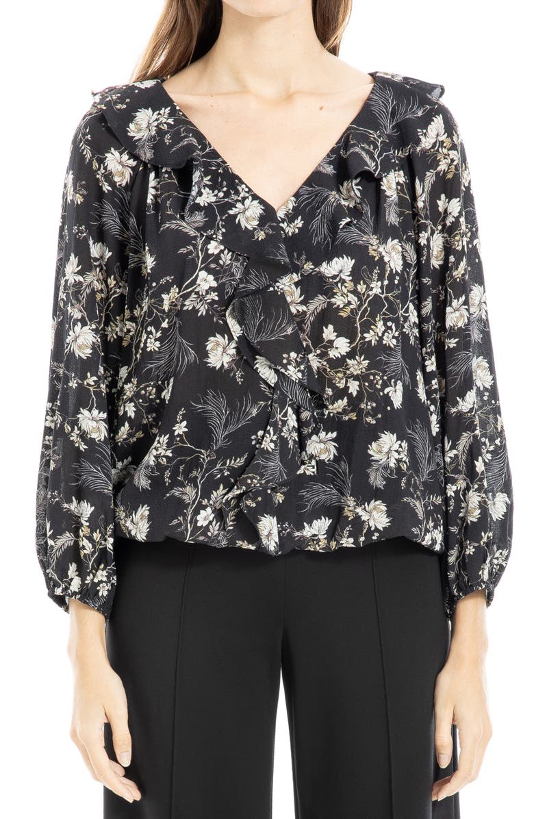 MAX STUDIO Floral Print Ruffle Neck Blouse, Main, color,