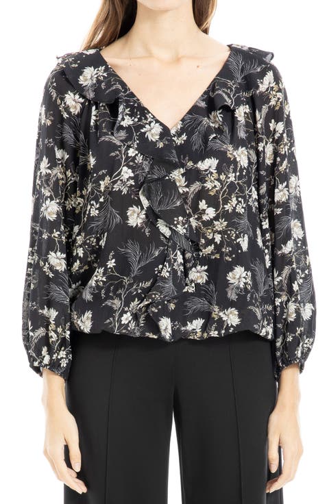 Floral Print Ruffle Neck Blouse
