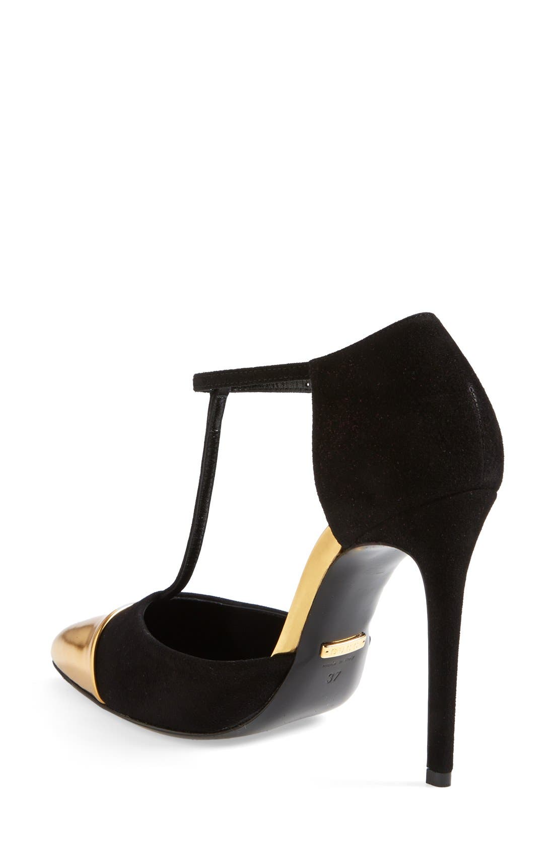 'Coline' T-Strap Cap Toe Pump, Alternate, color, BLACK