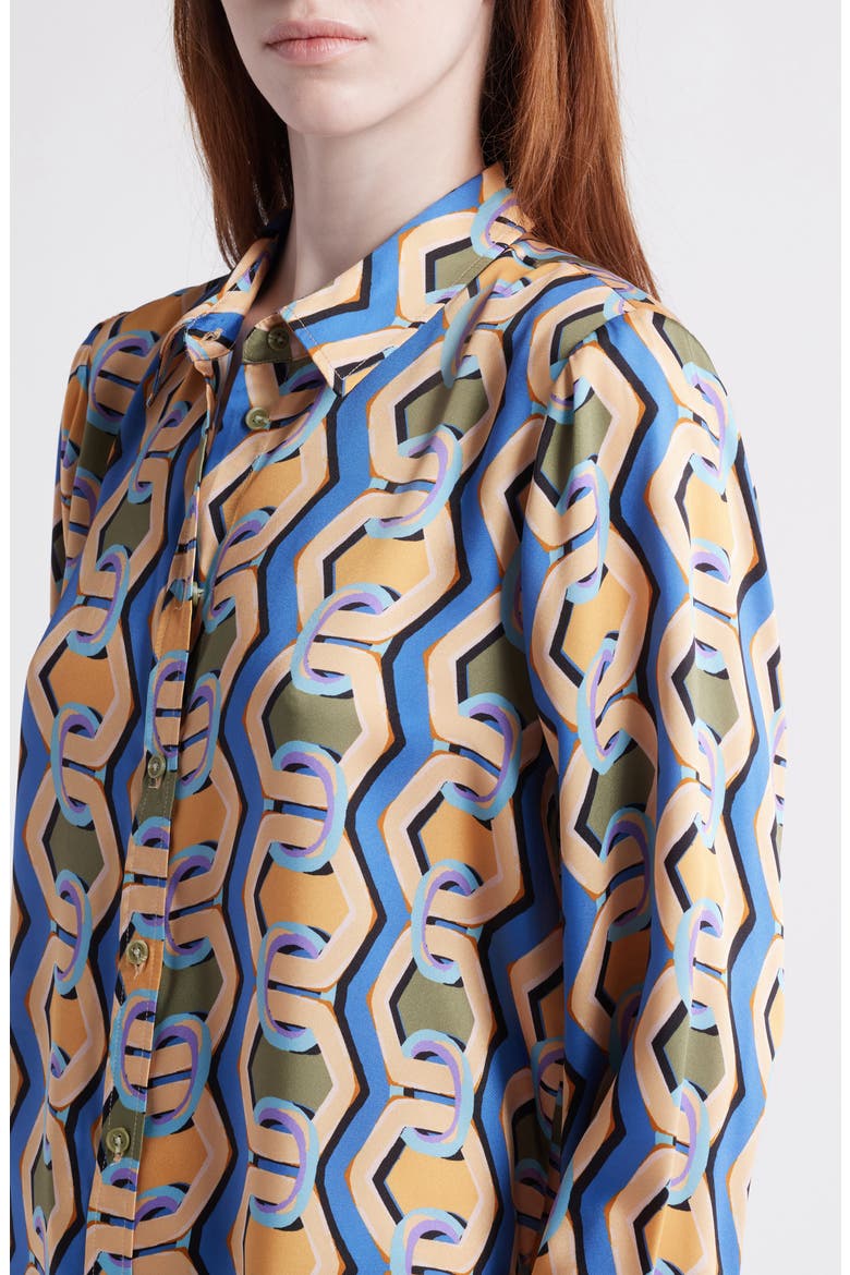 Geo Print Satin Button-Up Shirt, Alternate, color, BLUE CHAINS