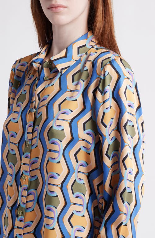 Tahari Asl Geo Print Satin Button-up Shirt In Blue Chains