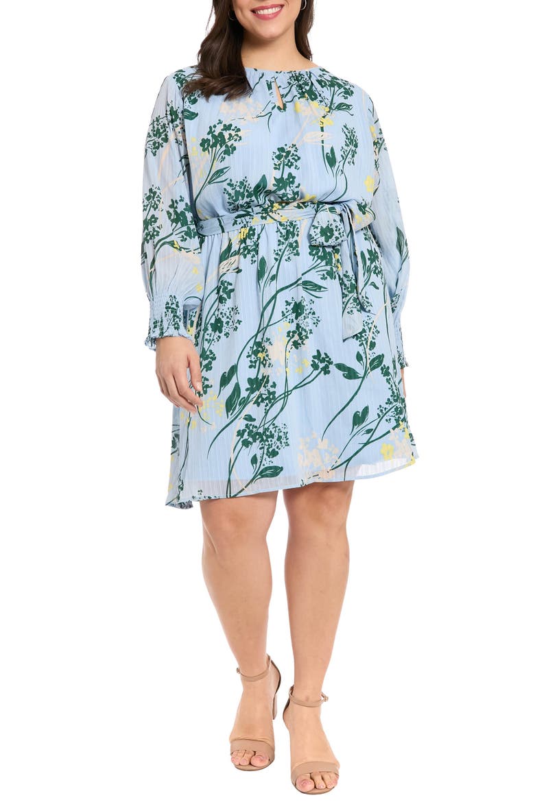 Tie Waist Long Sleeve Dress, Main, color, LIGHT BLUE/ GREEN