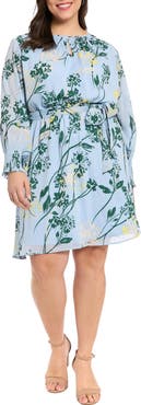 London Times Tie Waist Long Sleeve Dress