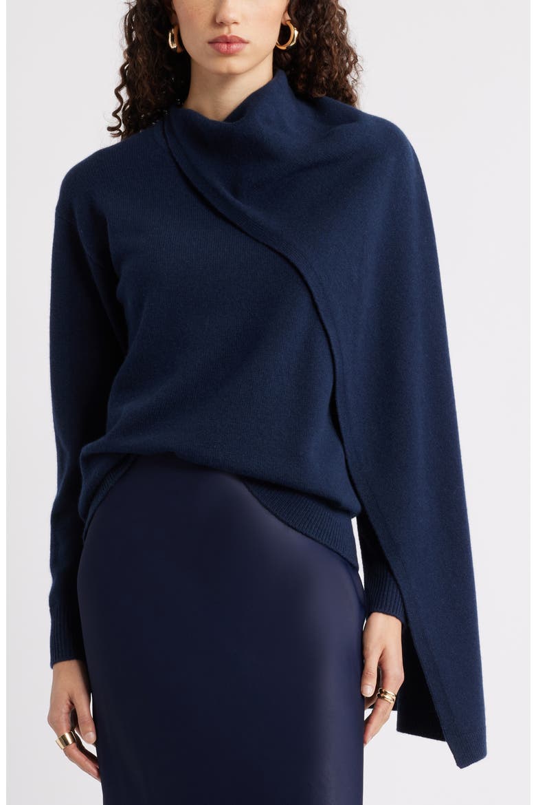 Scarf Collar Wool & Cashmere Sweater, Main, color, NAVY NIGHT