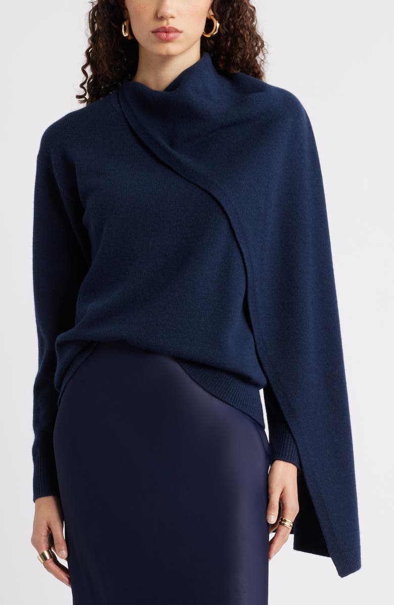 Nordstrom Scarf Collar Wool & Cashmere Sweater, Main, color, Navy Night