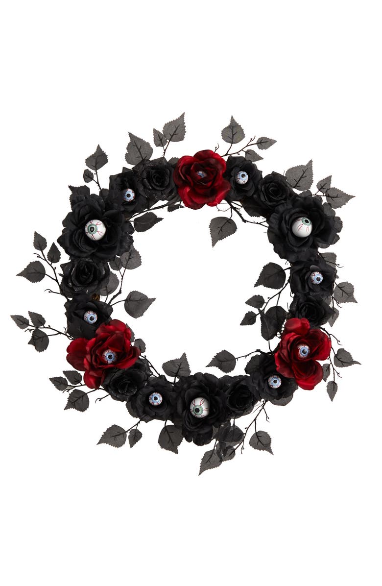 NEARLY NATURAL 24-in Eyeball Rose Halloween Artificial Wreath, Main, color, Black