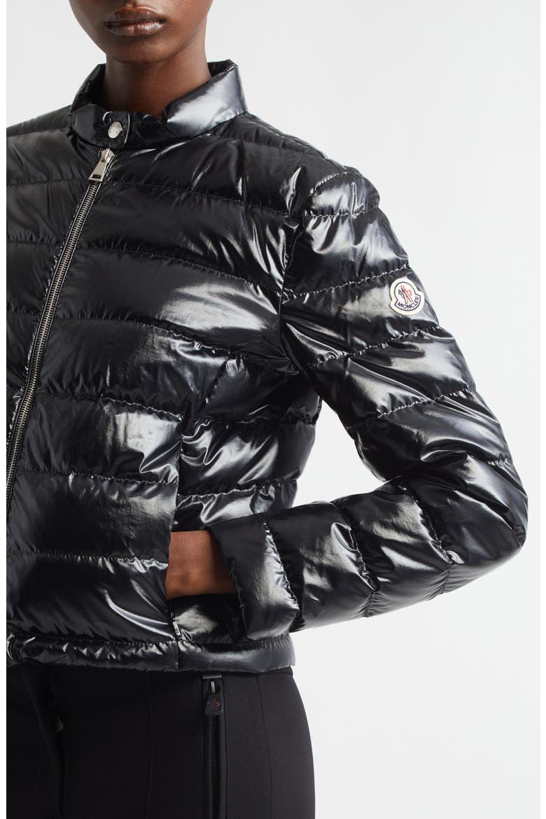 Papillon Crop Lacquered Nylon Puffer Jacket, Alternate, color, BLACK