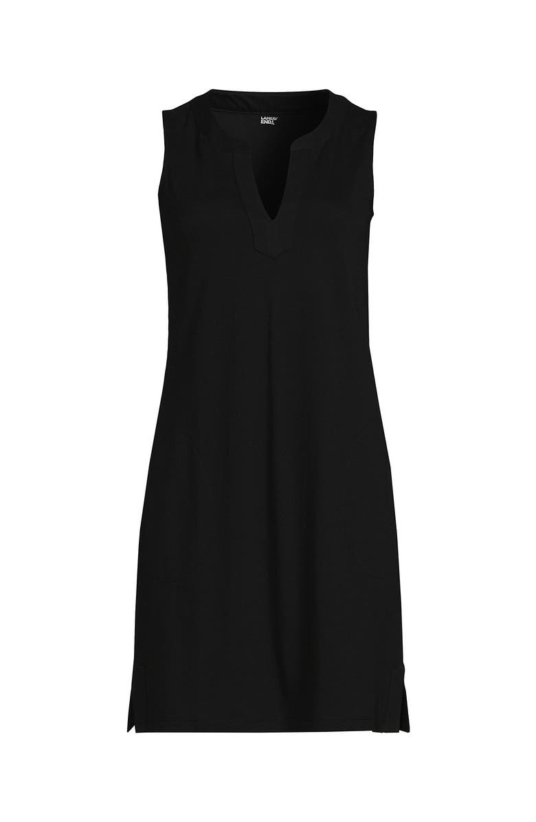 Lands' End Cotton Jersey Notch Neck Dress with Soutache, Alternate, color, Black