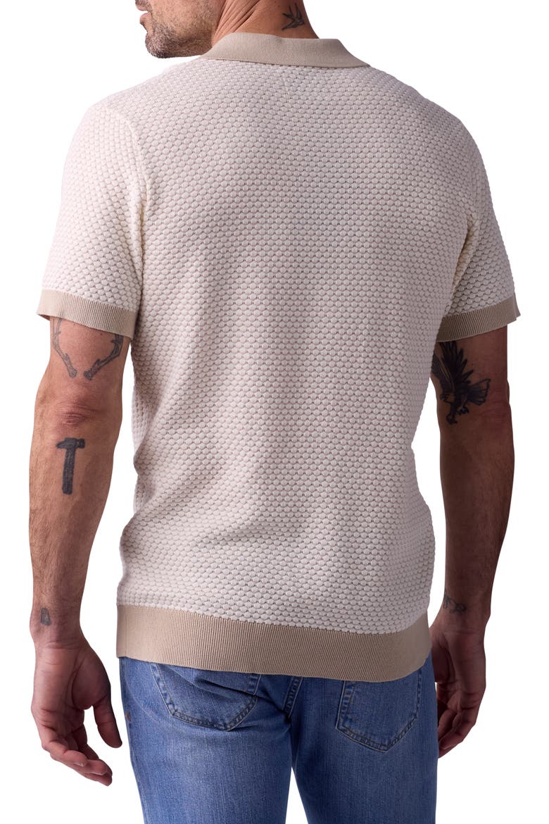 Robles Johnny Collar Textured Cotton Jacquard Polo Sweater, Alternate, color, IVORY/ KHAKI