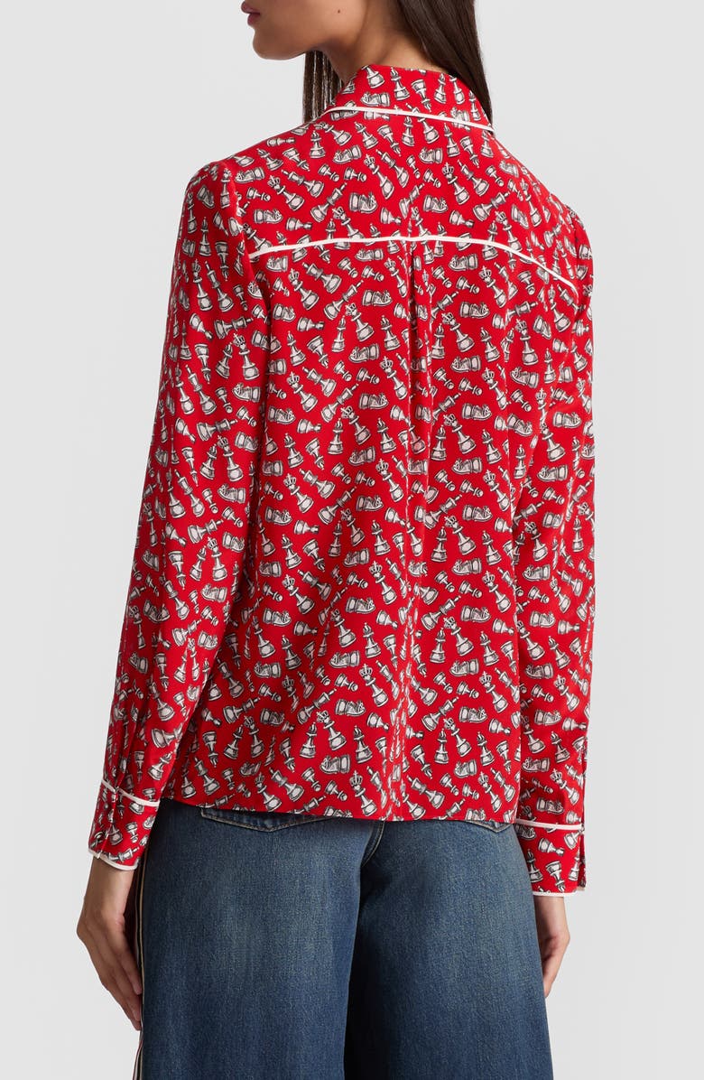 Alice + Olivia Willa Chess Piece Print Silk Button-Up Shirt, Alternate, color, Queening