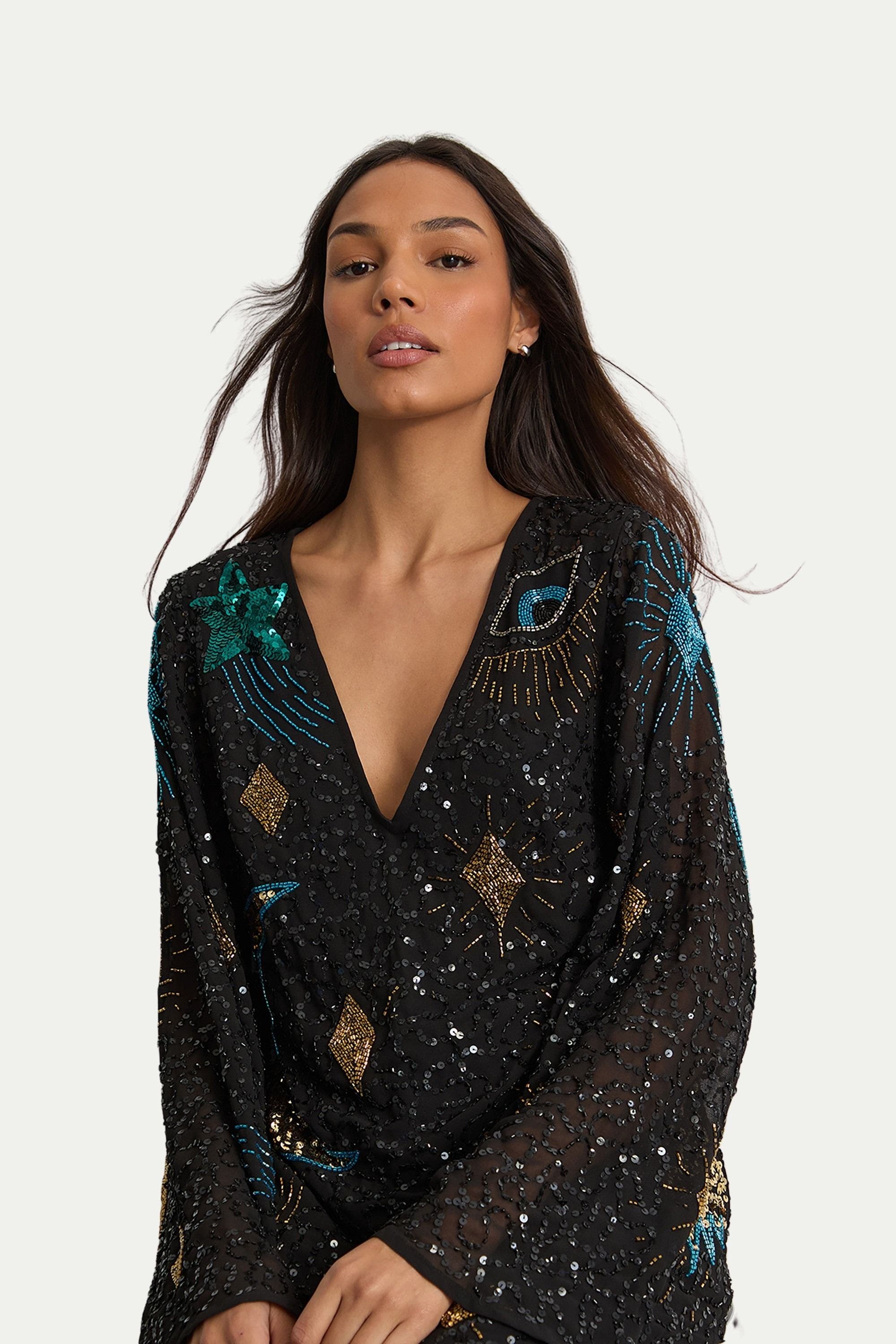 celestial mini dress Navy with Printed Pattern – Luxesand This black and white A Celestial Embellished Mini | Free