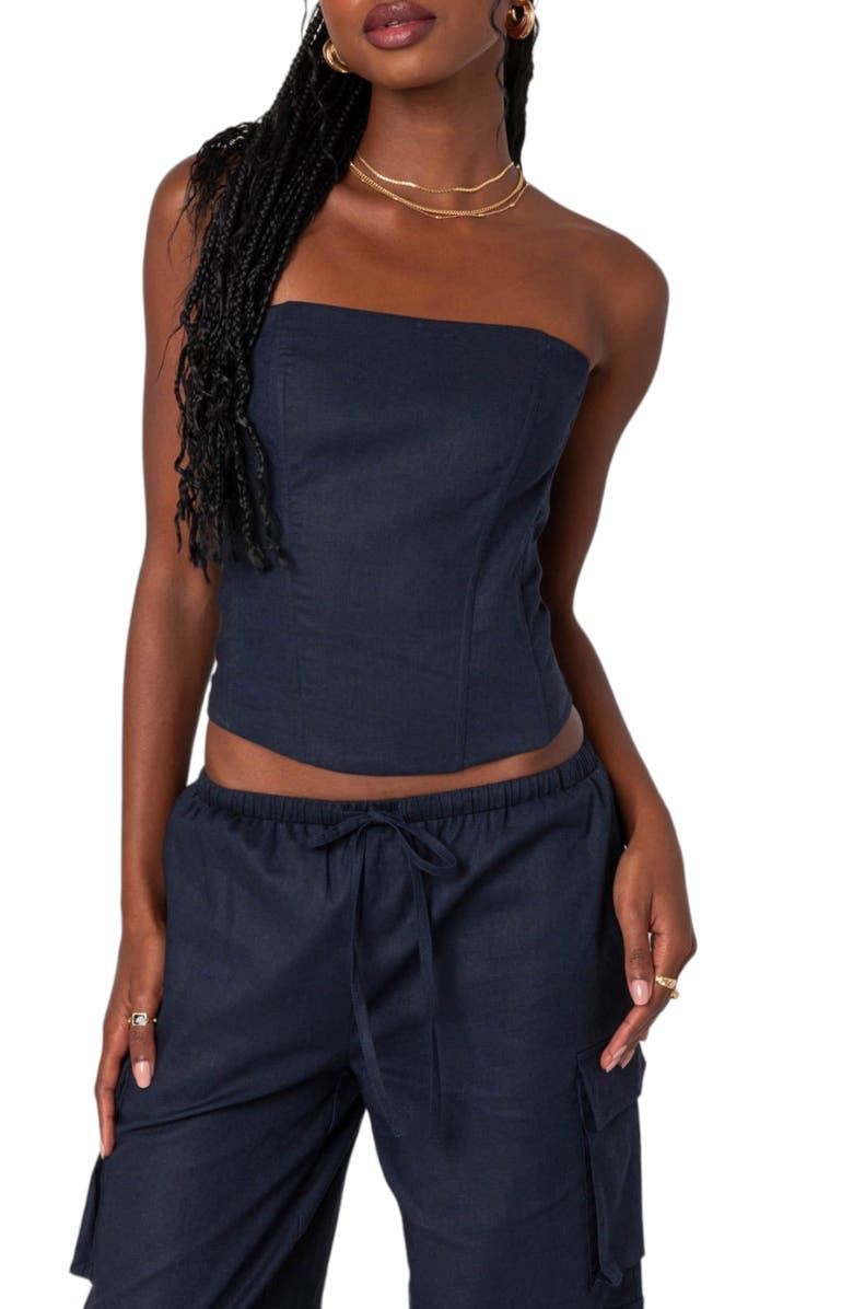 EDIKTED Bristol Linen Blend Corset Top, Main, color, 