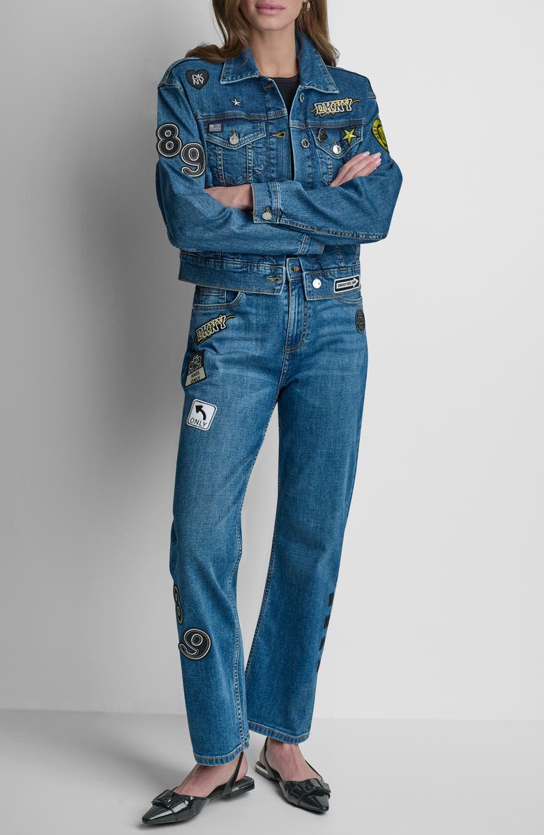 DKNY 1989 Pins & Patches Denim Trucker Jacket, Alternate, color, Tribeca Wash