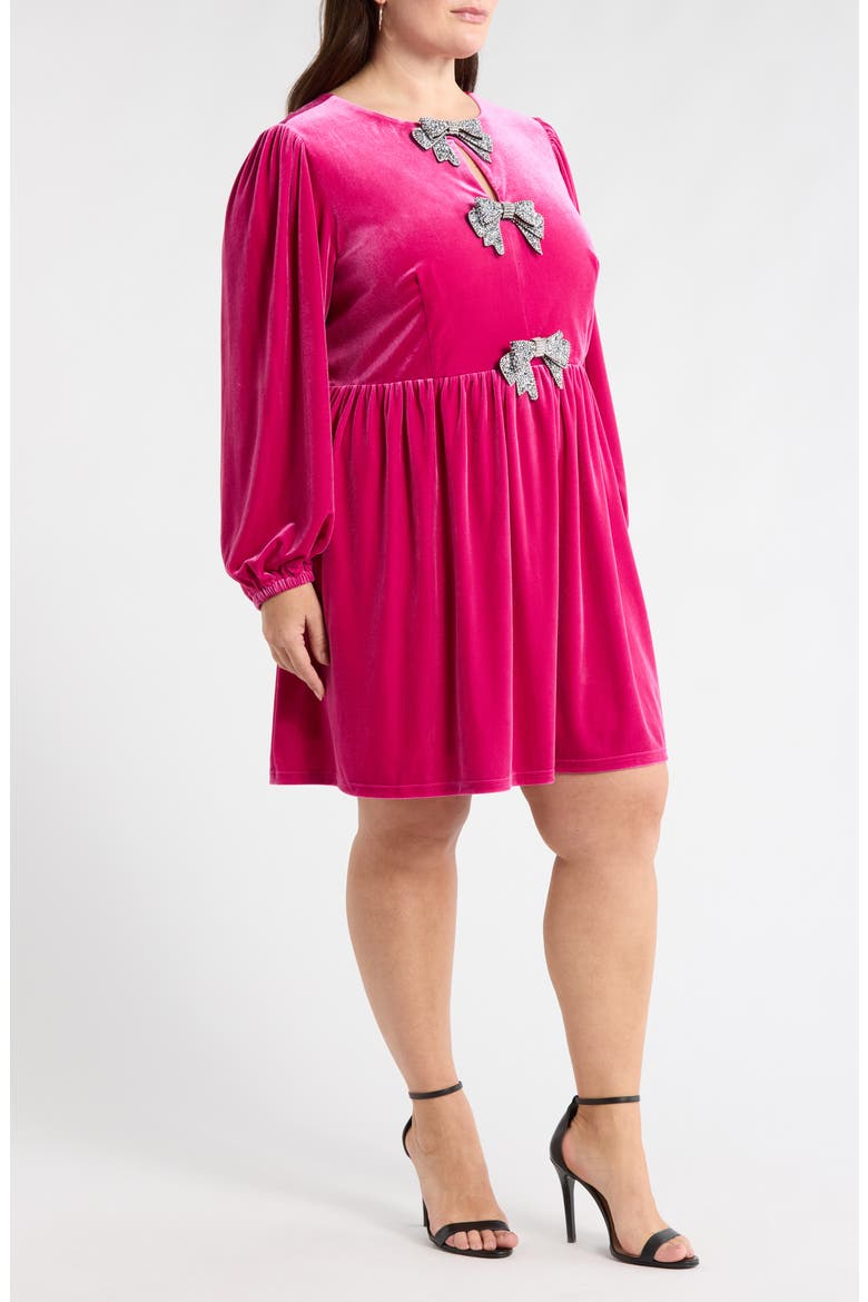 Glow Bow Velvet Long Sleeve Dress, Alternate, color, HOTPINK
