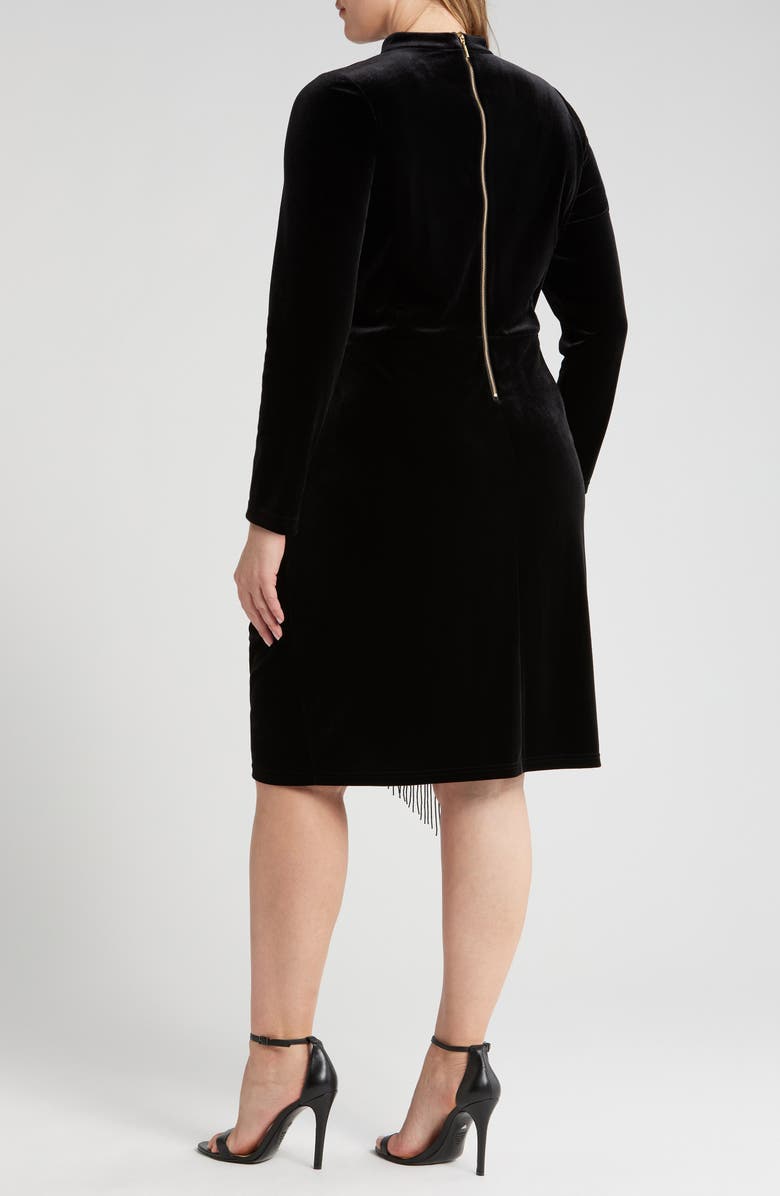 Tahari ASL Ruched Fringe Long Sleeve Stretch Velvet Dress, Alternate, color,