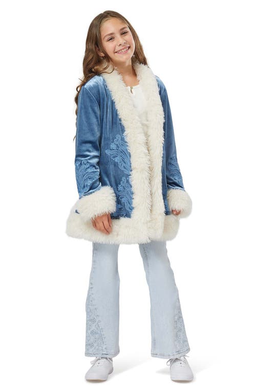 Shop Truce Kids' Faux Fur Trim Embroidered Velvet Jacket In Teal