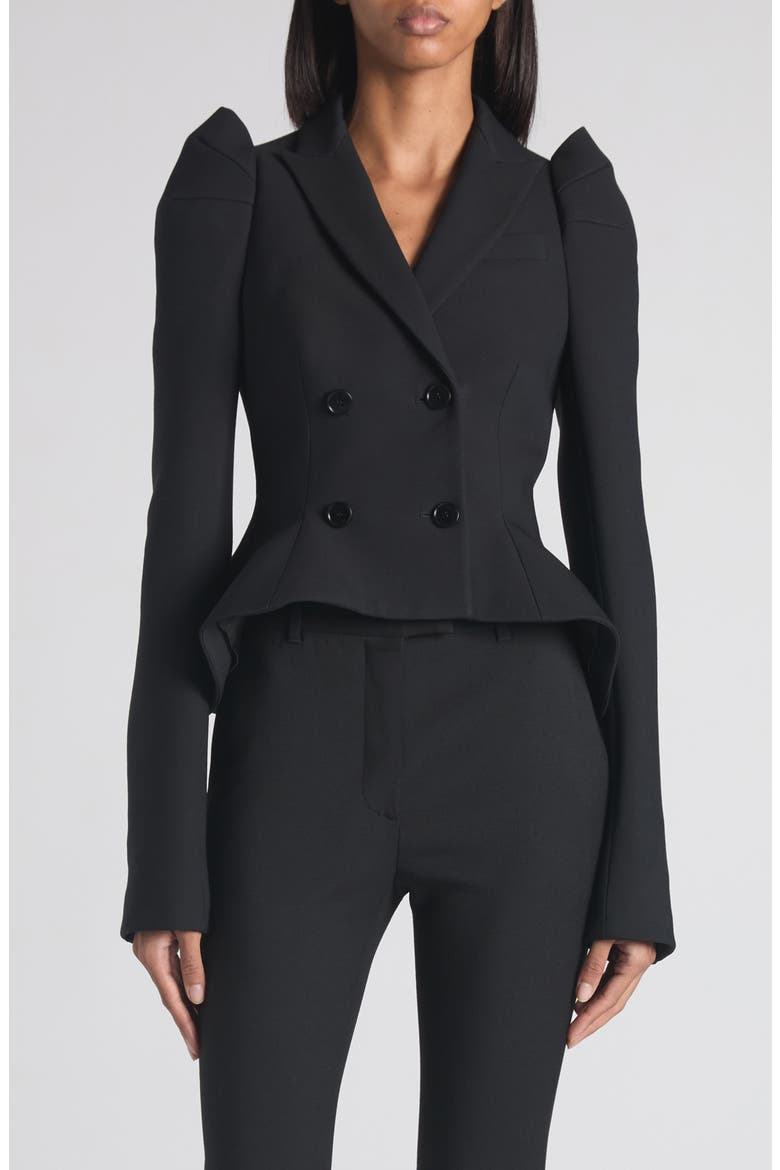 Pleated Puff Shoulder Stretch Wool Crop Jacket, Main, color, BLACK