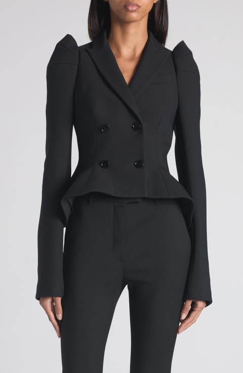 Pleated Puff Shoulder Stretch Wool Crop Jacket