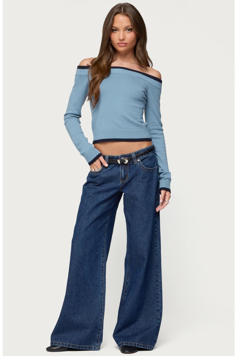 Kezzie Contrast Trim Off the Shoulder Sweater, Alternate, color, BLUE