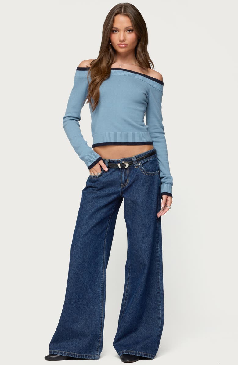 EDIKTED Kezzie Contrast Trim Off the Shoulder Sweater, Alternate, color, Blue