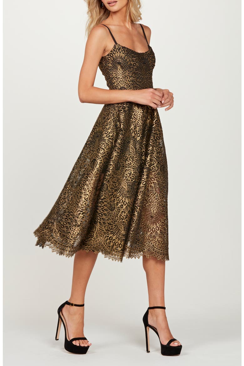 Taylor Metallic Lace Midi Cocktail Dress, Alternate, color, BRUSHED GOLD/ BLACK
