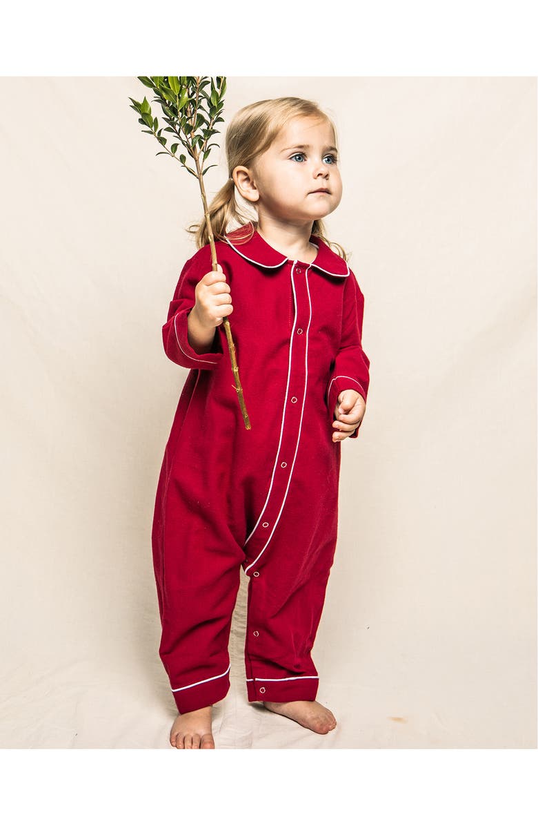 Petite Plume Cambridge Flannel Romper, Alternate, color, Red