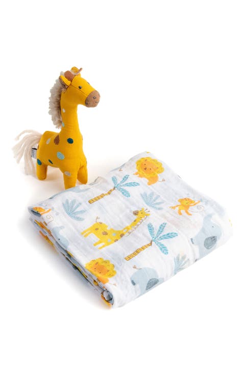 Cotton Muslin Swaddle Blanket & Stuffed Animal Gift Set