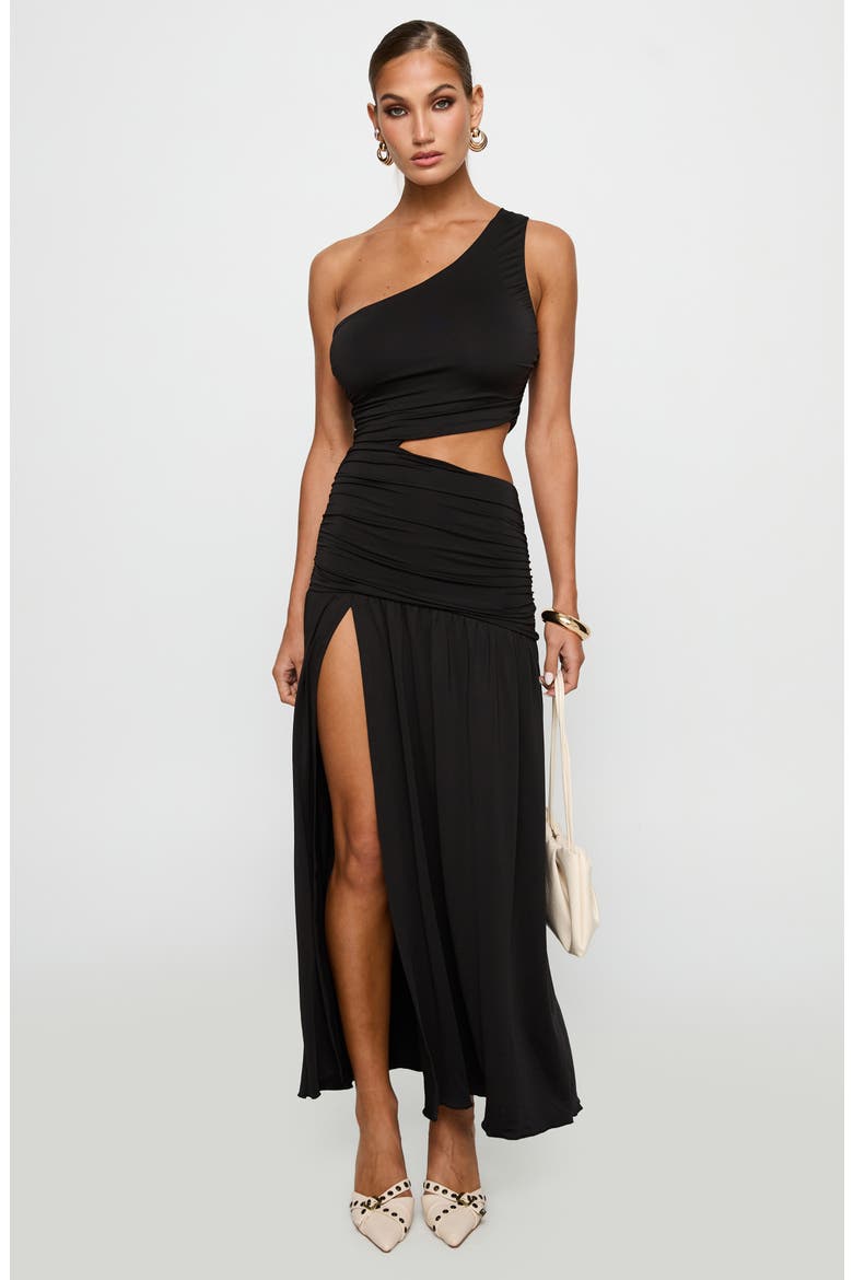 One-Shoulder Cutout Detail Maxi Dress, Alternate, color, BLACK