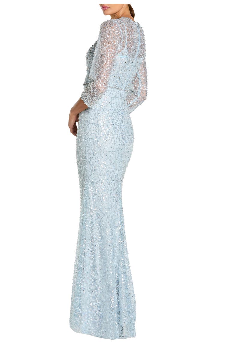 Mac Duggal Beaded Embroidery Elbow Sleeve Column Gown, Alternate, color, Powder Blue