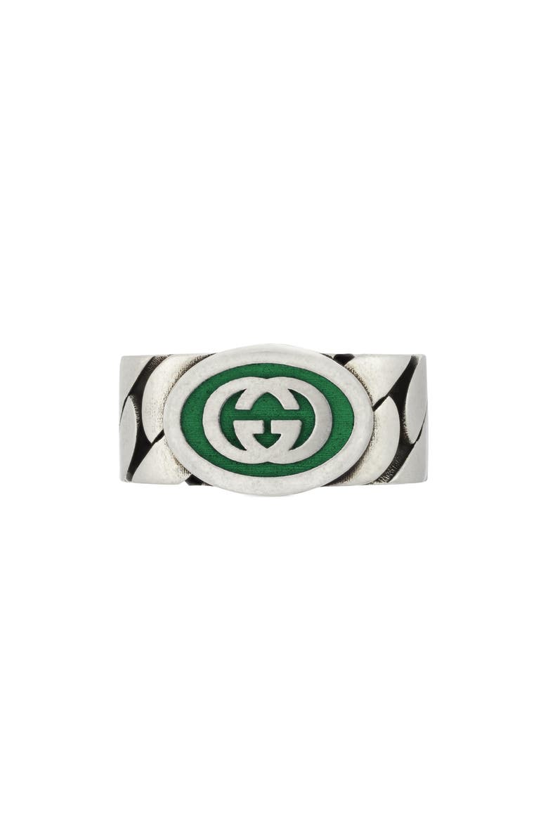 Gucci Interlocking-G Band Ring, Main, color, Sterling Silver/ Green