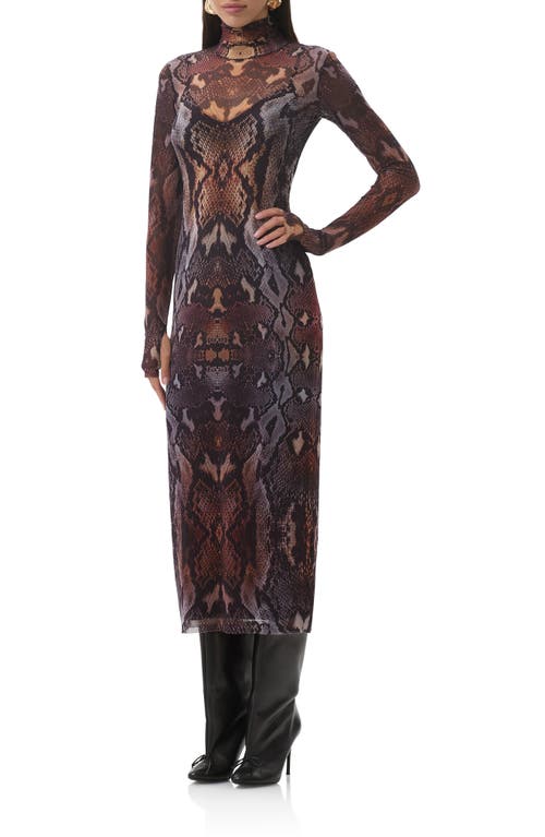 Afrm Shailene Print Long Sleeve Powermesh Body-con Midi Dress In Brown