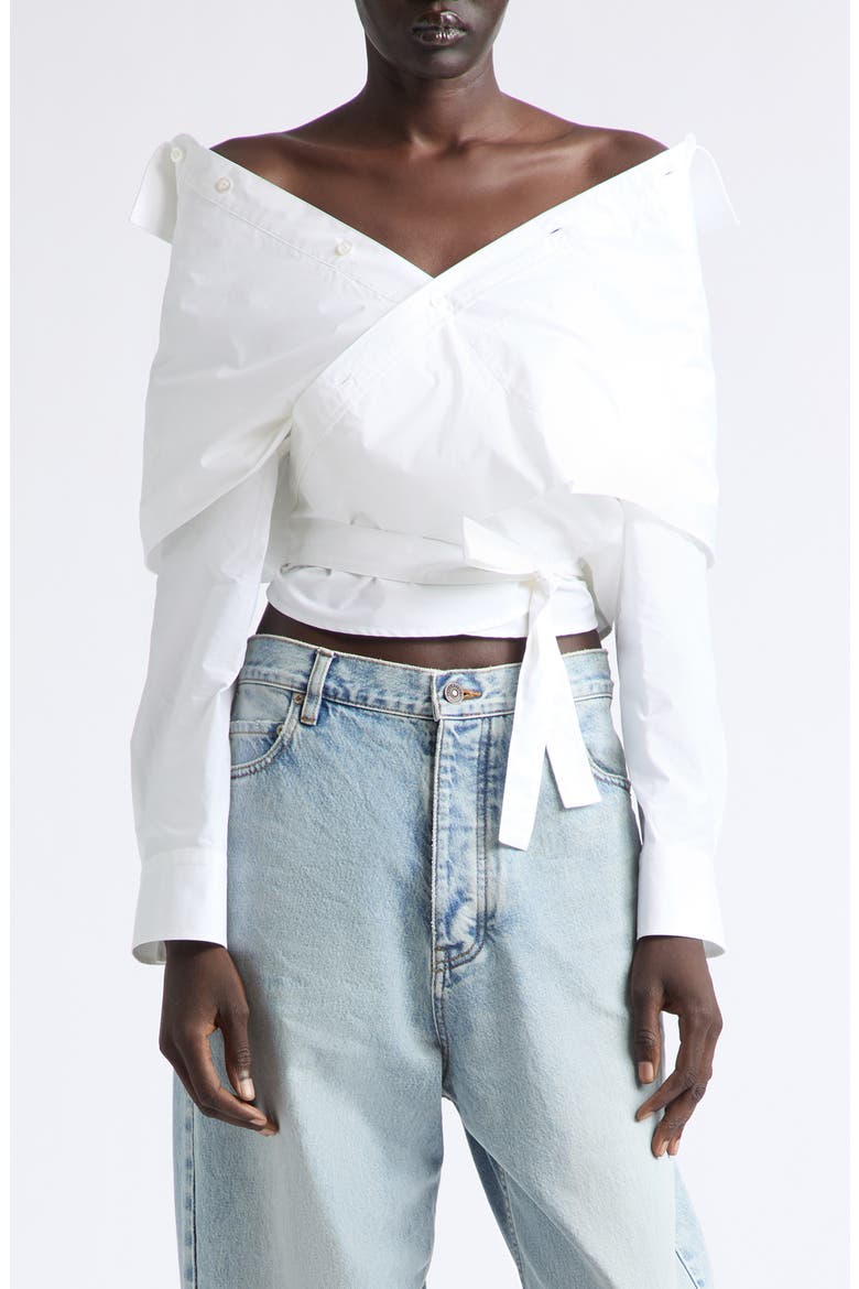 Off the Shoulder Cotton Poplin Wrap Shirt, Main, color, 9000 WHITE