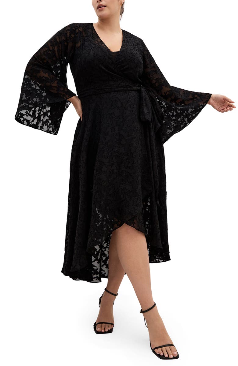 City Chic Fleetwood Long Sleeve Jacquard Wrap Dress, Main, color, Black